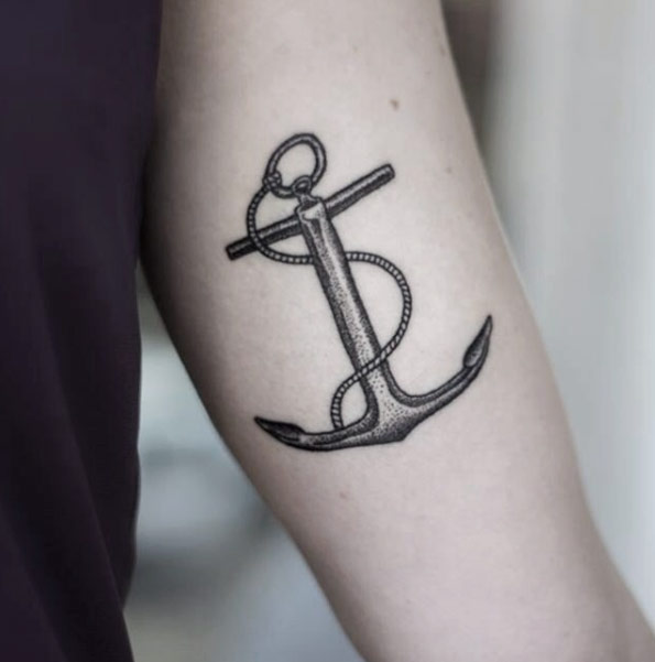 Black And Grey Anchor Tattoo On Left Half Sleeve By Uls Metzger