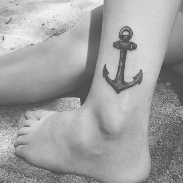 Black And Grey Anchor Tattoo On Left Leg