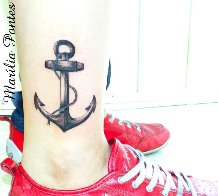 Black And Grey Anchor Tattoo On Right Leg