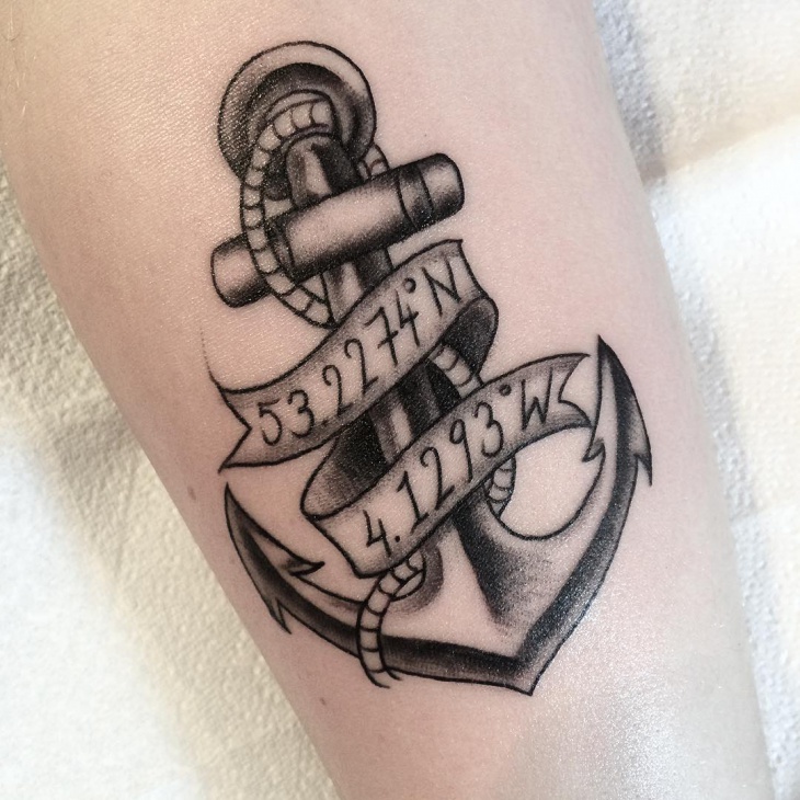 Black And Grey Anchor With Banner Tattoo Design For Sleeve