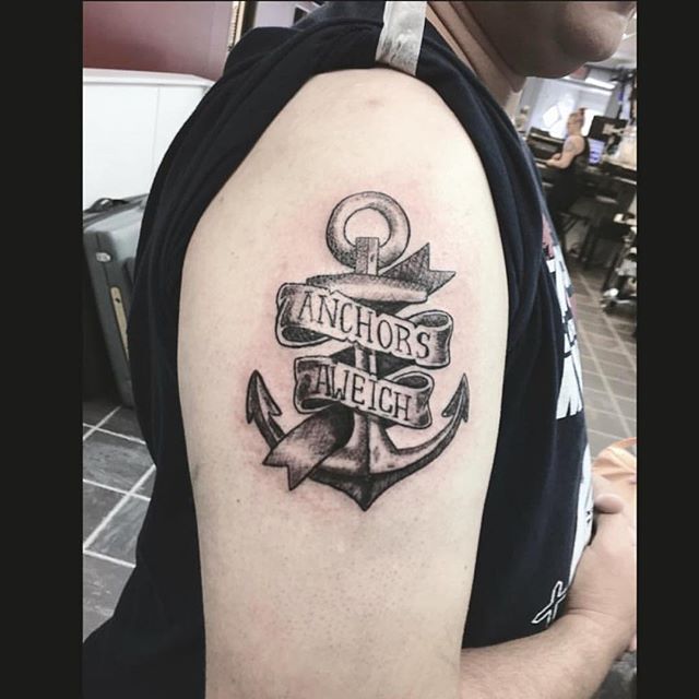 Black And Grey Anchor With Banner Tattoo On Right Shoulder By Genevieve