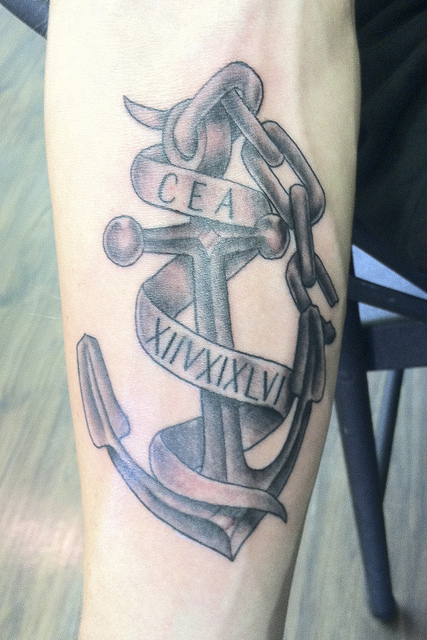 Black And Grey Anchor With Chain And Banner Tattoo Design For Forearm