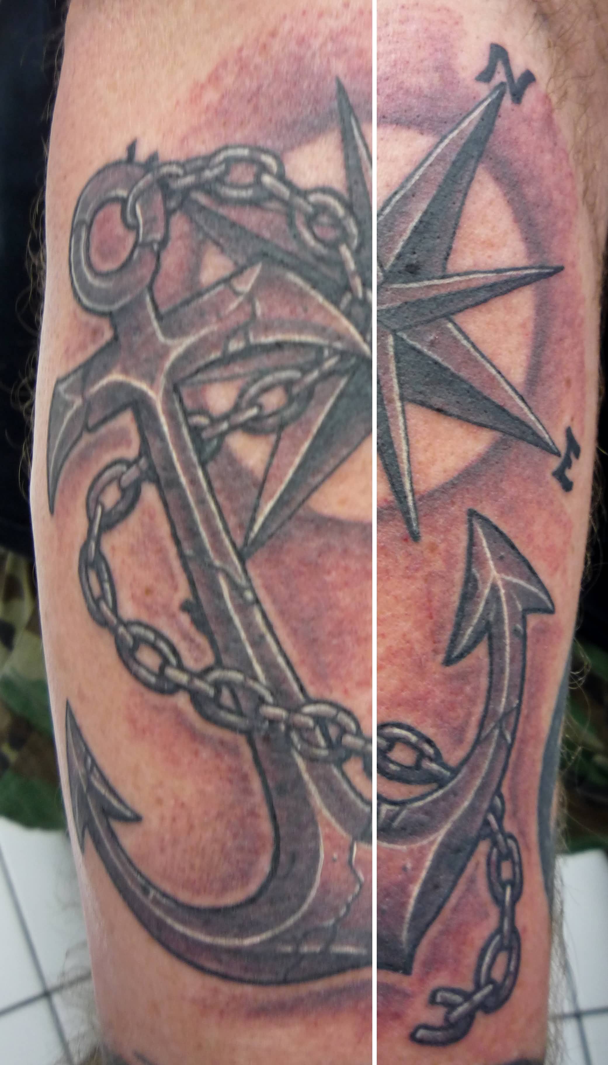 Black And Grey Anchor With Chain And Nautical Compass Tattoo Design For Half Sleeve