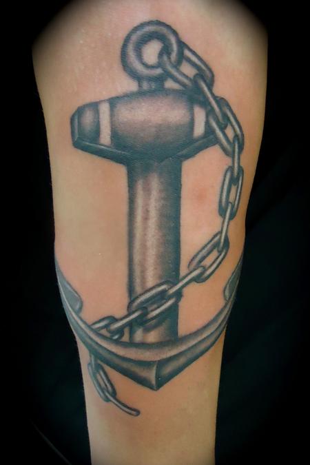 Black And Grey Anchor With Chain Tattoo Design For Sleeve