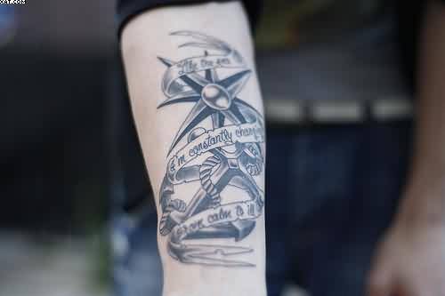 Black And Grey Anchor With Compass And Banner Tattoo On Man Right Forearm