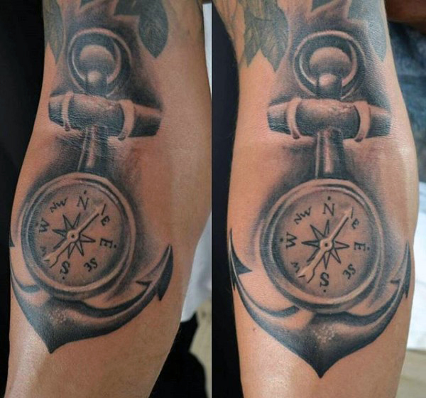 Black And Grey Anchor With Compass Tattoo Design For Sleeve