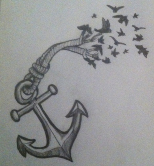 Black And Grey Anchor With Flying Birds Tattoo Design