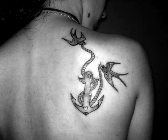 Black And Grey Anchor With Flying Birds Tattoo On Girl Right Back Shoulder