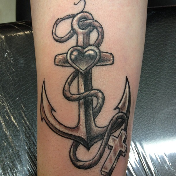 Black And Grey Anchor With Heart And Cross Tattoo Design For Half Sleeve