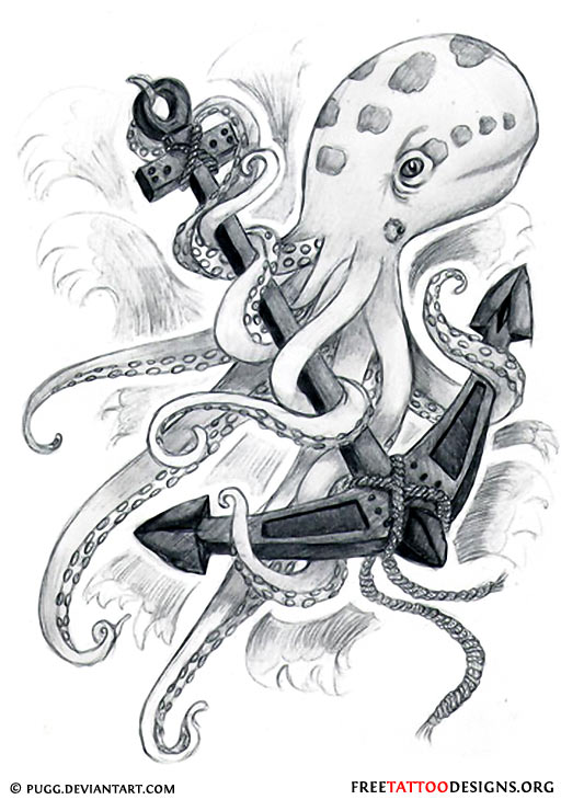 Black And Grey Anchor With Octopus Tattoo Design