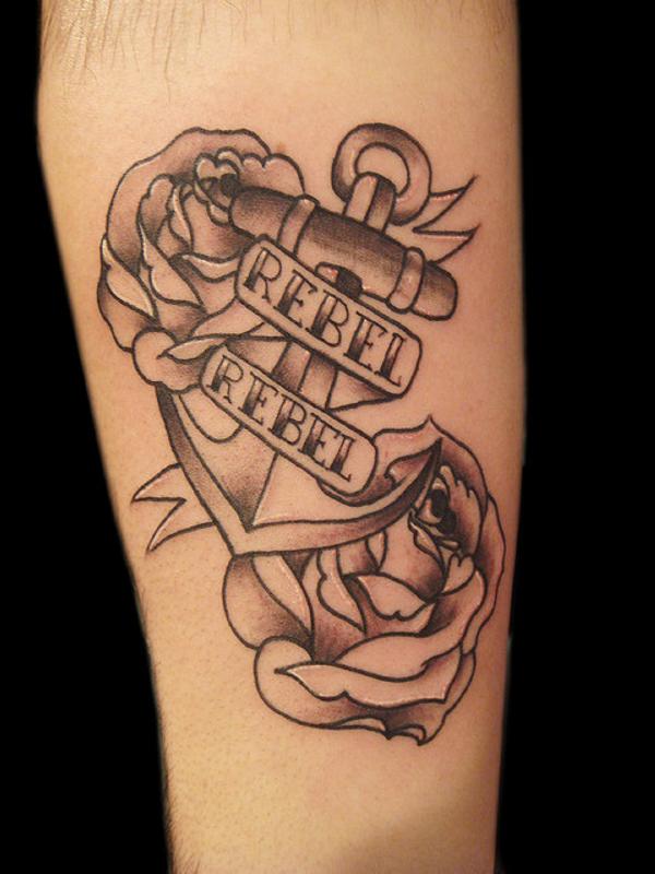 Black And Grey Anchor With Roses And Banner Tattoo Design For Sleeve By Miguel Angel