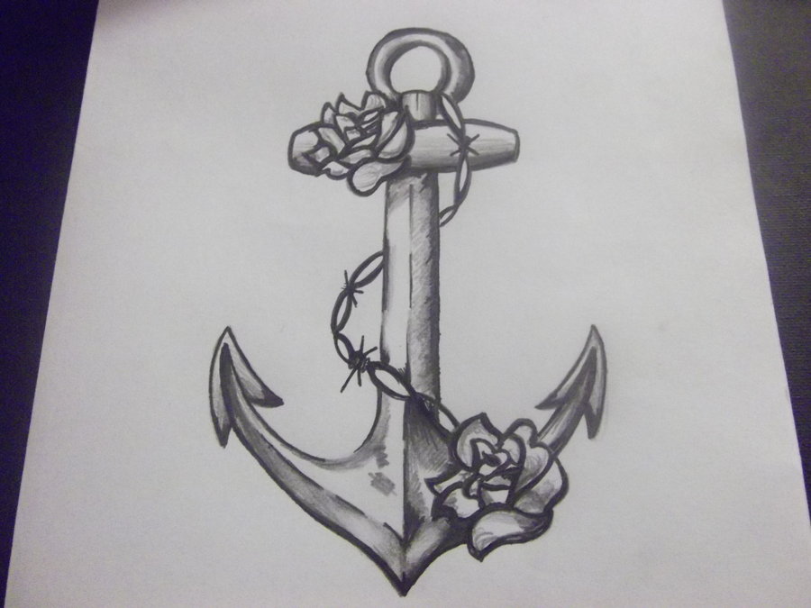 Black And Grey Anchor With Roses Tattoo Design