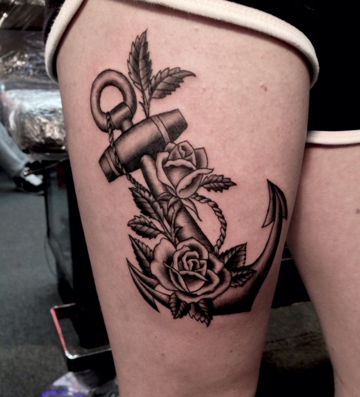 Black And Grey Anchor With Roses Tattoo On Right Thigh By Mike