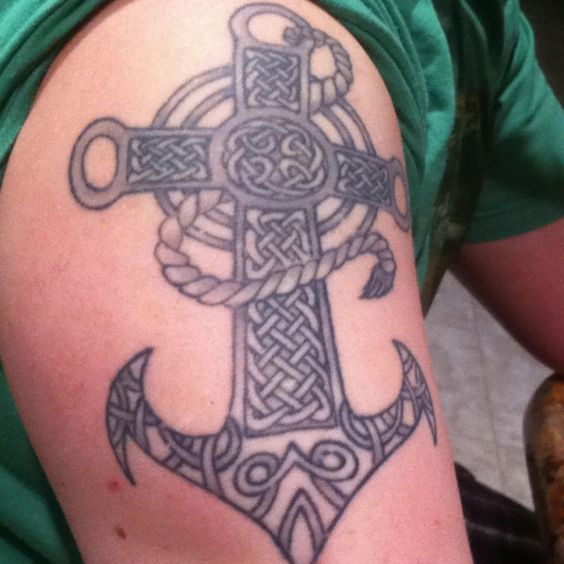 Black And Grey Celtic Cross Anchor Tattoo On Right Shoulder