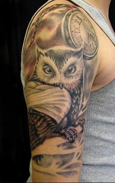Black And Grey Flying Owl With Clock Tattoo On Right Half Sleeve