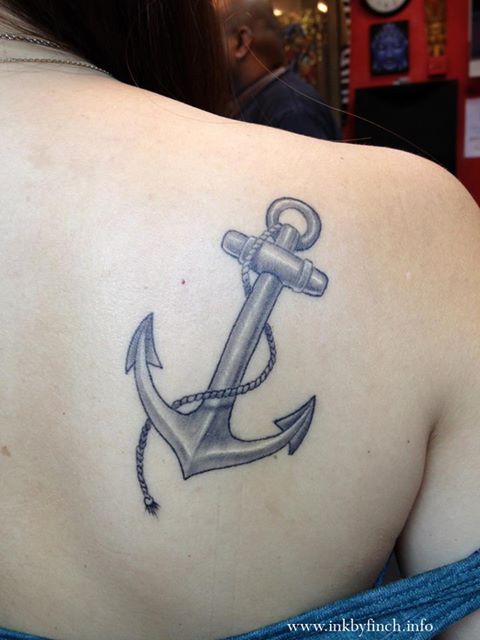 Black And Grey Ink Anchor Tattoo On Girl Right Back Shoulder