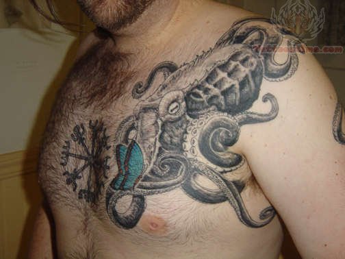 Black And Grey Japanese Octopus Tattoo On Man Left Front Shoulder