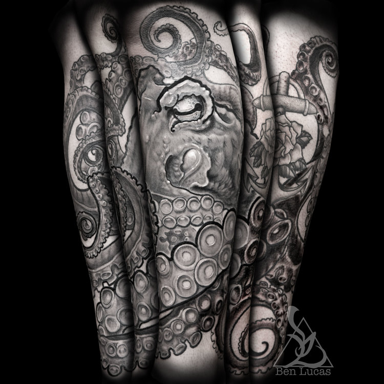Black And Grey Octopus Tattoo Design For Leg
