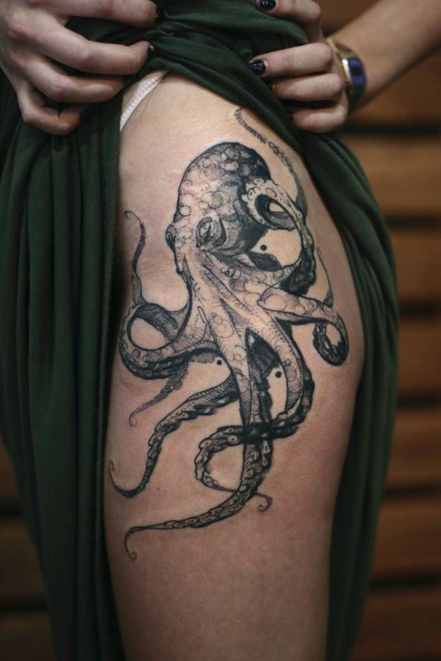 Black And Grey Octopus Tattoo On Girl Left Hip