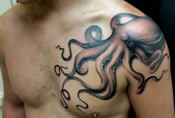 Black And Grey Octopus Tattoo On Man Left Front Shoulder By Ryson Lapenia