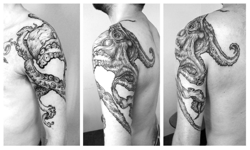 Black And Grey Octopus Tattoo On Man Left Half Sleeve By Victor Portugal