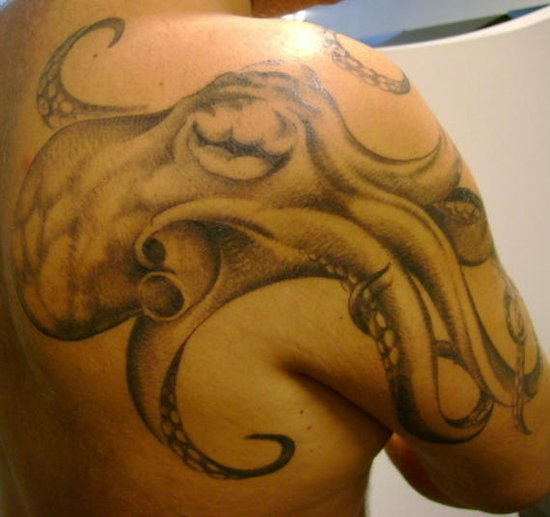 Black And Grey Octopus Tattoo On Man Right Back Shoulder