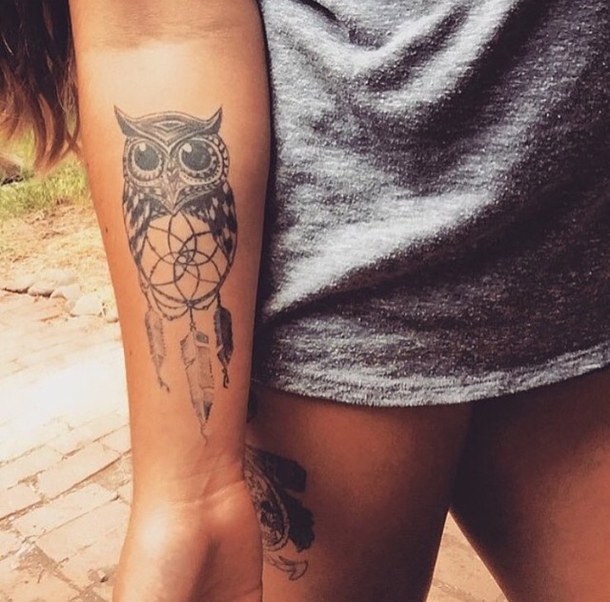 Black And Grey Owl Dreamcatcher Tattoo On Girl Right Forearm