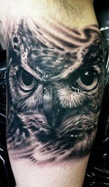 Black And Grey Owl Head Tattoo Design For Bicep