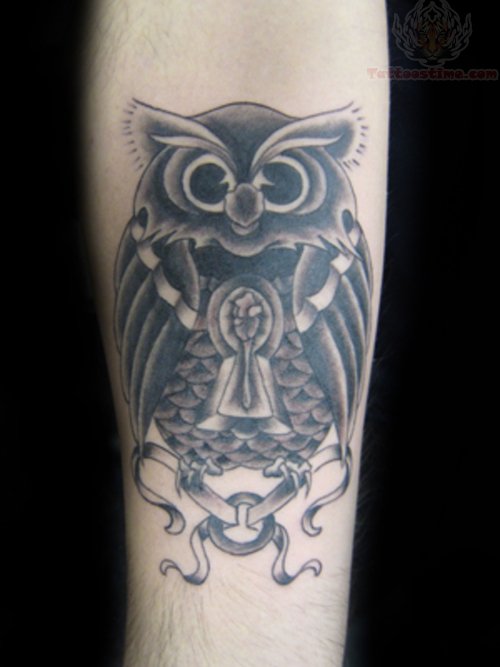 Black And Grey Owl Lock Tattoo On Right Forearm