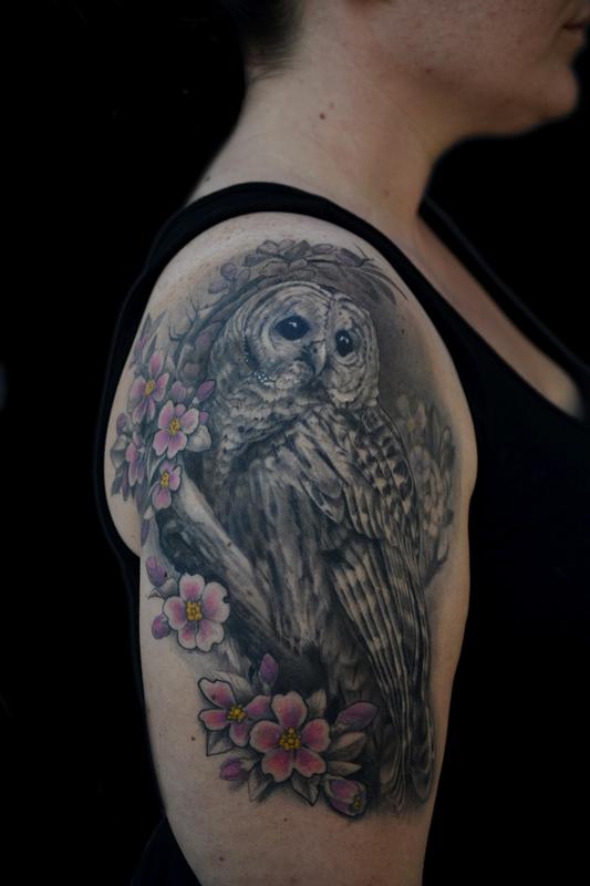 Black And Grey Owl On Branch With Flowers Tattoo On Right Shoulder