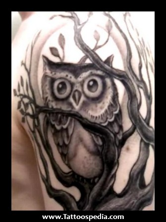 Black And Grey Owl On Tree Tattoo On Left Half Sleeve
