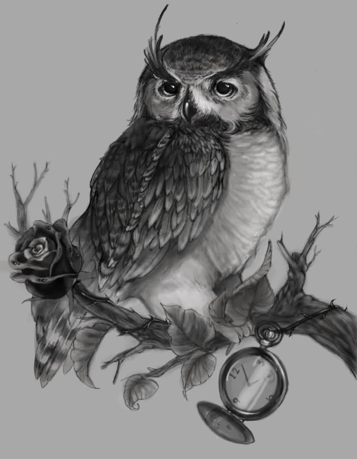 Black And Grey Owl On Tree With Pocket Watch Tattoo Design