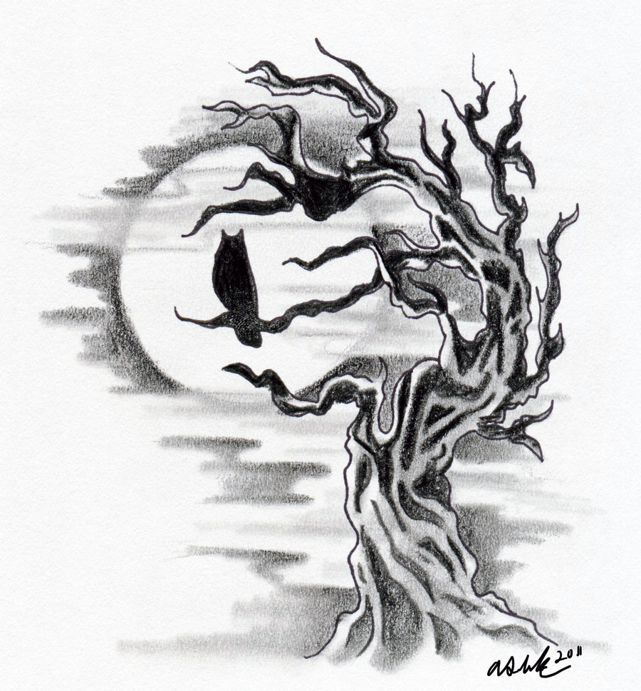 Black And Grey Owl On Tree Without Leaves Tattoo Design