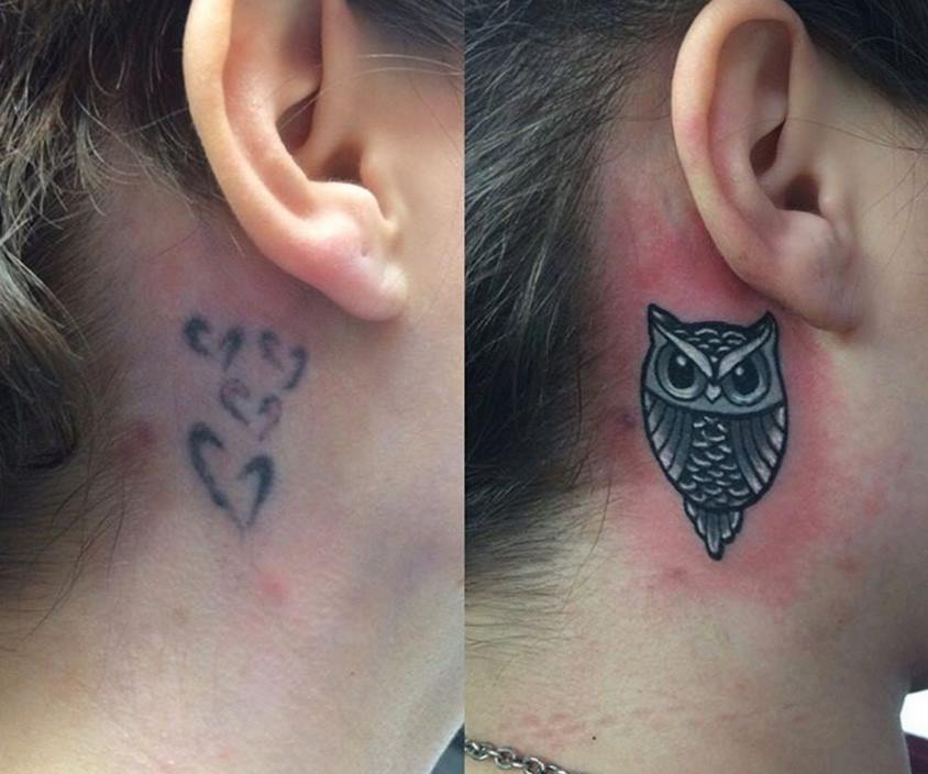 Black And Grey Owl Tattoo On Girl Right Behind The Ear