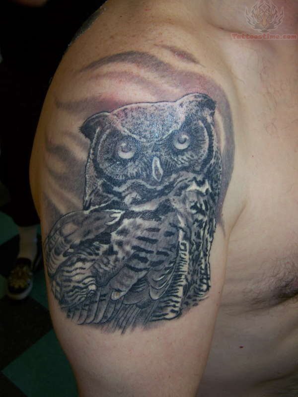 Black And Grey Owl Tattoo On Man Right Shoulder