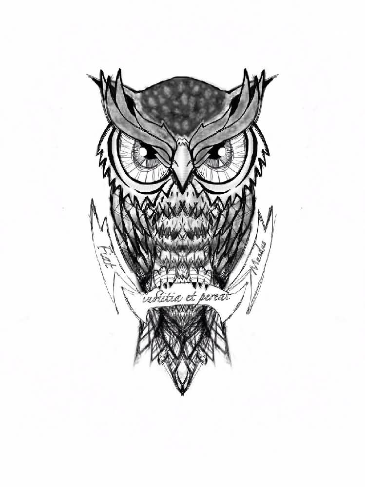Black And Grey Owl With Banner Tattoo Design