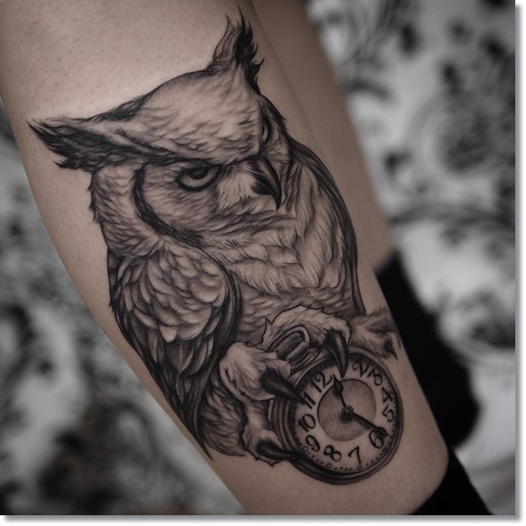 Black And Grey Owl With Clock Tattoo On Right Leg