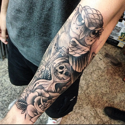 Black And Grey Owl With Hourglass And Rose Tattoo On Left Forearm