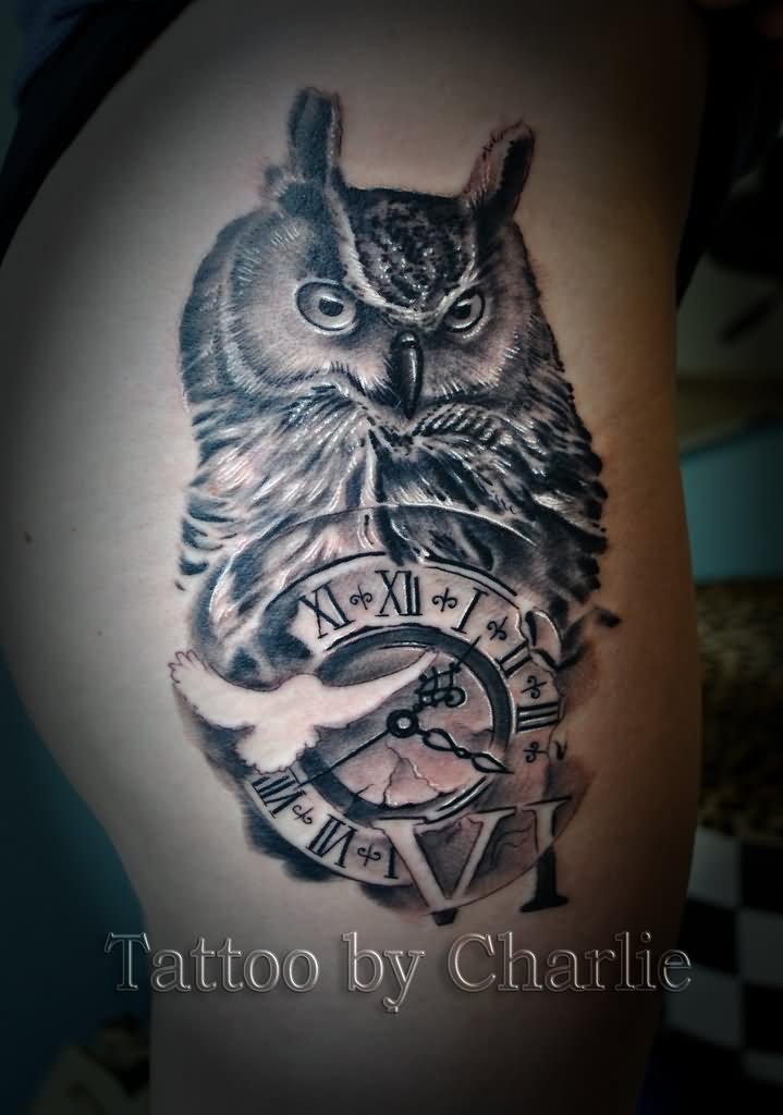 Black And Grey Owl With Pocket Watch Tattoo Design By Charlie
