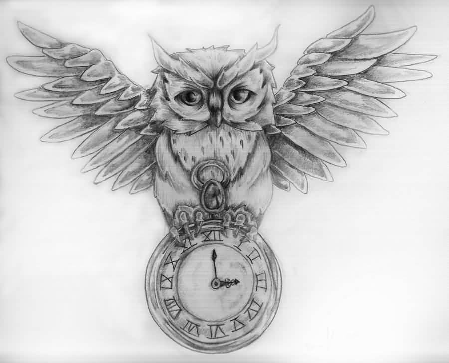 Black And Grey Owl With Pocket Watch Tattoo Design