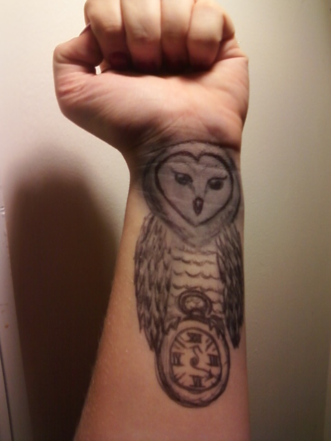 Black And Grey Owl With Pocket Watch Tattoo On Left Wrist By kkbaby101