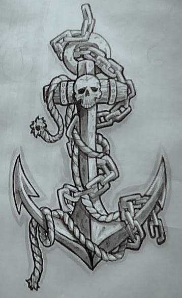 Black And Grey Skull Anchor With Chain Tattoo Design