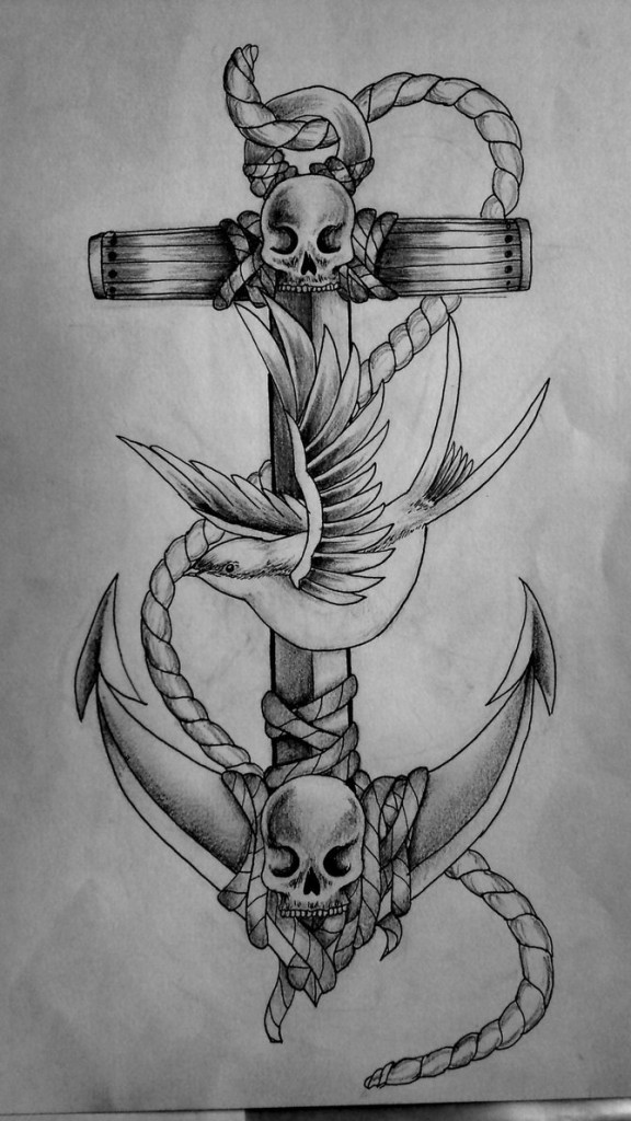 Black And Grey Skull Anchor With Flying Bird Tattoo Design