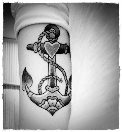 Black And Grey Traditional Anchor Tattoo On Left Half Sleeve