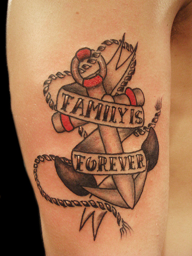 Black And Red Anchor With Family Is Forever Banner Tattoo On Right Half Sleeve
