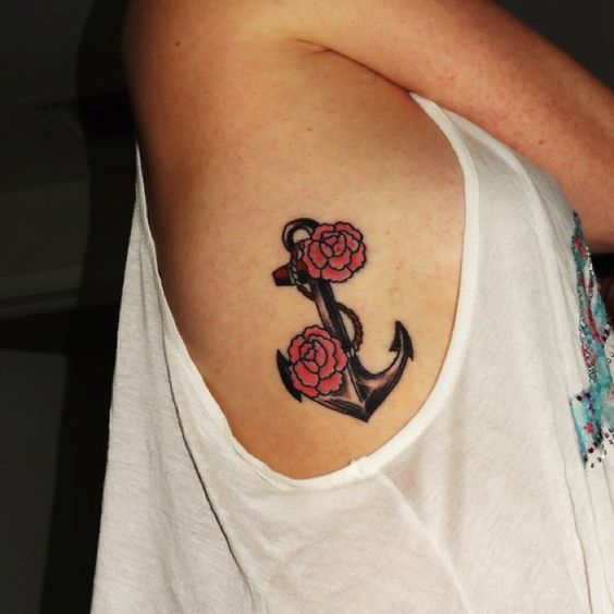Black And Red Anchor With Roses Tattoo On Girl Right Side Rib