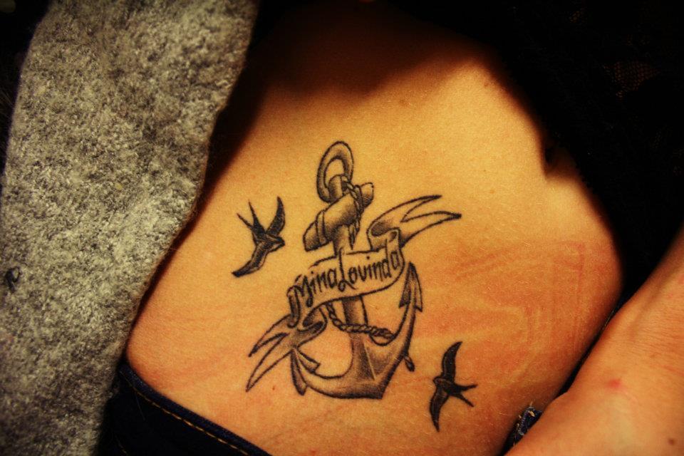 Black Grey Anchor With Banner And Flying Birds Tattoo Design