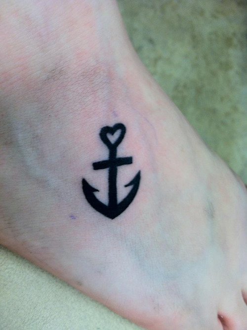 Black Heart Anchor Tattoo On Right Foot