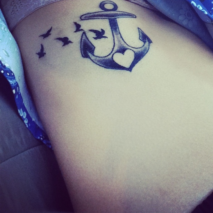 Black Heart Shape In Anchor With Flying Birds Tattoo Design For Girl