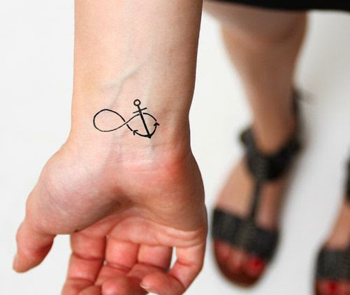 Black Infinity Anchor Tattoo On Man Right Wrist